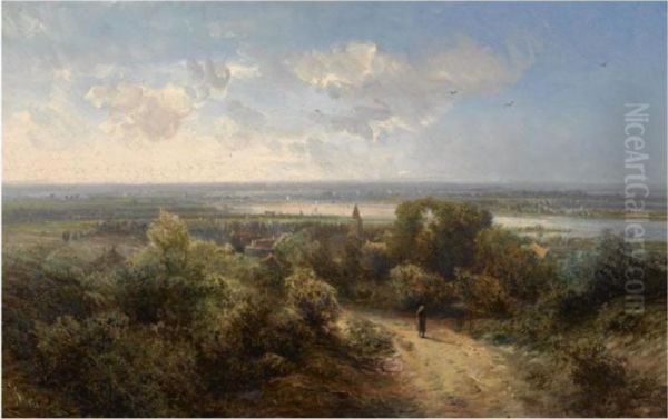 A View Of The River Rhine Near Arnhem Oil Painting by Pieter Lodewijk Francisco Kluyver