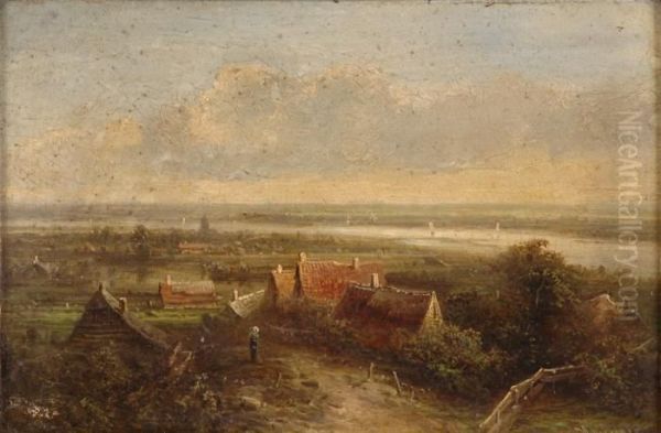 Weite Rheinlandschaft Mit Stadtansicht. Oil Painting by Pieter Lodewijk Francisco Kluyver