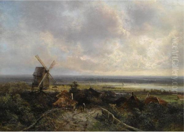 A Windmill In A Panoramic Landscape Oil Painting by Pieter Lodewijk Francisco Kluyver