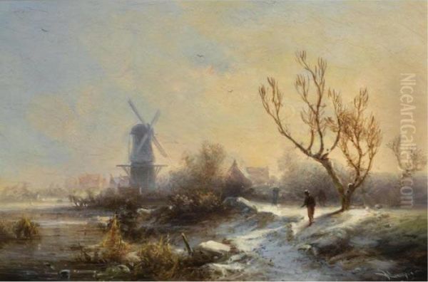 A Traveller In A Winter Landscape, A Windmill In The Distance Oil Painting by Pieter Lodewijk Francisco Kluyver