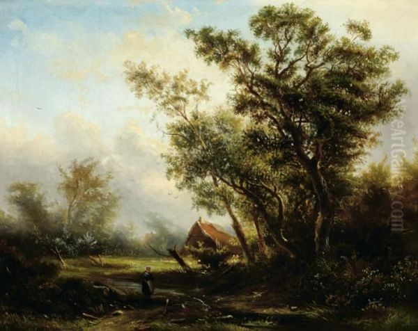 Woman On A Country Road With A Farm In The Background Oil Painting by Pieter Lodewijk Francisco Kluyver