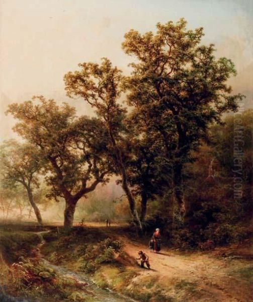 Travellers On A Wooded Path Oil Painting by Pieter Lodewijk Francisco Kluyver