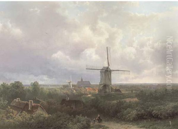 Windmills In A Panoramic Landscape In Summer Oil Painting by Pieter Lodewijk Francisco Kluyver