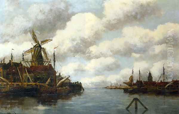 Harbour with Windmill Oil Painting by Jan van Vlaardingen Couver