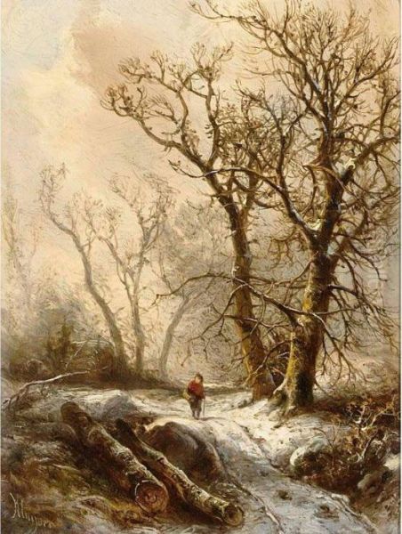 A Figure In A Snowy Forest Landscape Oil Painting by Pieter Lodewijk Francisco Kluyver