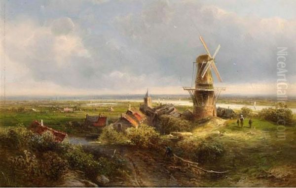 A Windmill In An Extensive Landscape Oil Painting by Pieter Lodewijk Francisco Kluyver