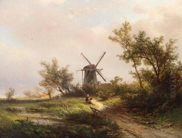 A Summer Landscape With Figures Near A Windmill Oil Painting by Pieter Lodewijk Francisco Kluyver