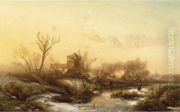 Figures In A Winter Landscape Oil Painting by Pieter Lodewijk Francisco Kluyver