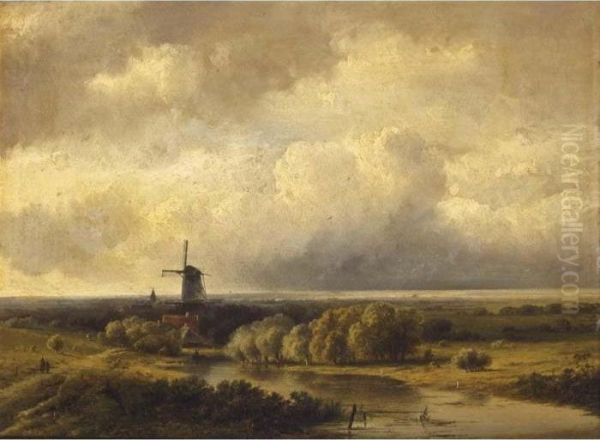 A River Landscape With A Windmill Oil Painting by Pieter Lodewijk Francisco Kluyver