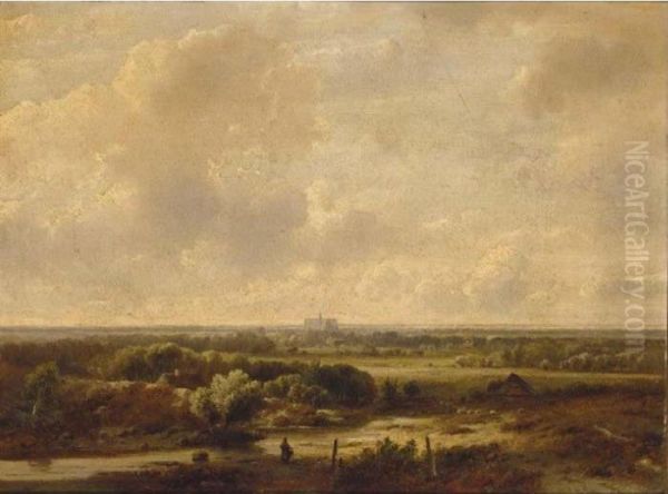 A Panoramic Landscape, Haarlem In The Distance Oil Painting by Pieter Lodewijk Francisco Kluyver