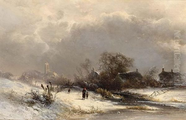 Figures In A Winter Landscape Oil Painting by Pieter Lodewijk Francisco Kluyver