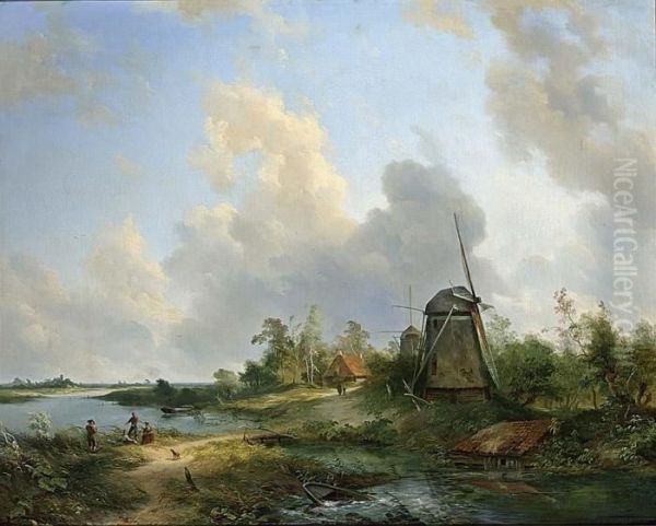 Anglers Near A Windmill In A Summer Landscape Oil Painting by Pieter Lodewijk Francisco Kluyver