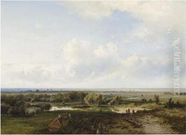 A Panoramic Landscape, Beverwijk In The Distance Oil Painting by Pieter Lodewijk Francisco Kluyver