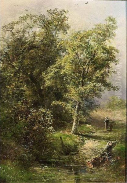 Figures By A Forest Stream Oil Painting by Pieter Lodewijk Francisco Kluyver