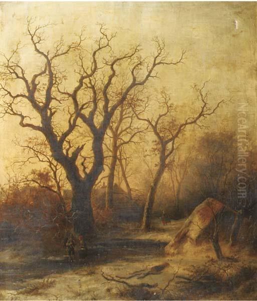 Woodgatherers On A Frozen River Oil Painting by Pieter Lodewijk Francisco Kluyver