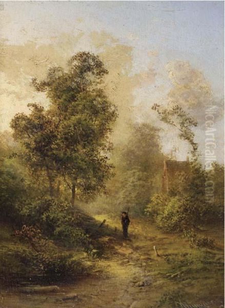 A Hunter Walking On A Forest Path Oil Painting by Pieter Lodewijk Francisco Kluyver