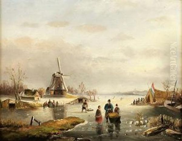 Winterliche Partie Auf Einem Zugefrorenen See. Oil Painting by Pieter Lodewijk Francisco Kluyver