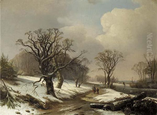 Peasants In A Wooded Summer Landscape; Travellers In A Wooded Winter Landscape Oil Painting by Pieter Lodewijk Francisco Kluyver