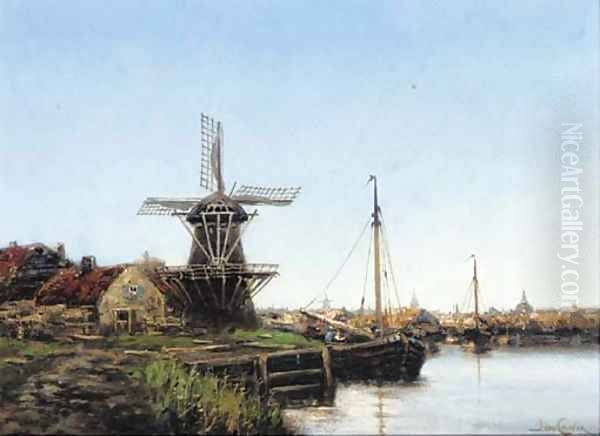 A Barge moored by a windmill before a Dutch town Oil Painting by Jan van Vlaardingen Couver