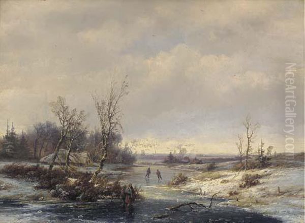 A Panoramic Winter Landscape With Skaters On The Ice Oil Painting by Pieter Lodewijk Francisco Kluyver