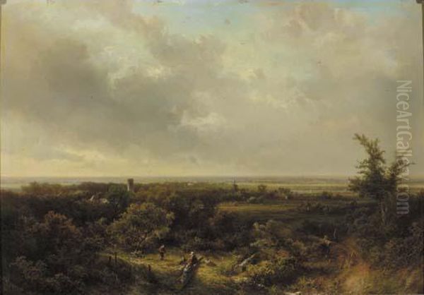 A Panoramic Landscape, Haarlem In The Distance Oil Painting by Pieter Lodewijk Francisco Kluyver