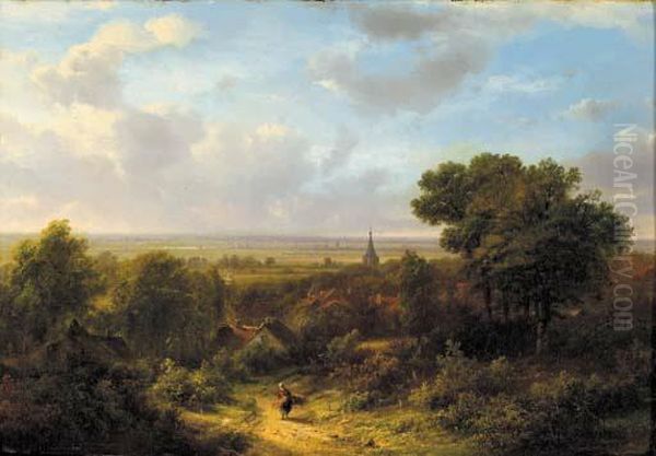 Panoramic Summer Landscape With A Woodgatherer On A Sandytrack Oil Painting by Pieter Lodewijk Francisco Kluyver