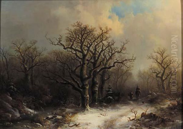 Travellers In A Winter Forest Oil Painting by Pieter Lodewijk Francisco Kluyver