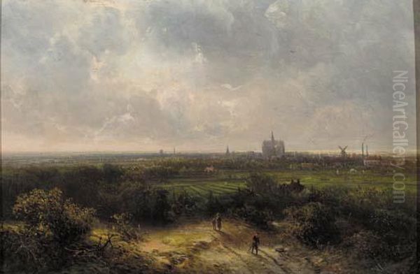 Travellers In The Dunes With Haarlem Beyond Oil Painting by Pieter Lodewijk Francisco Kluyver