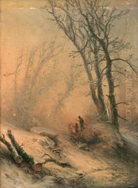 A Snow-covered Forest Landscape With Travellers Approaching Oil Painting by Pieter Lodewijk Francisco Kluyver