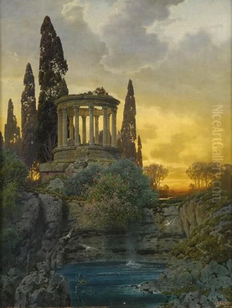 Fluslandschaft Mit Wasserfall Und Tempelruine. Oil Painting by Ferdinand Knab