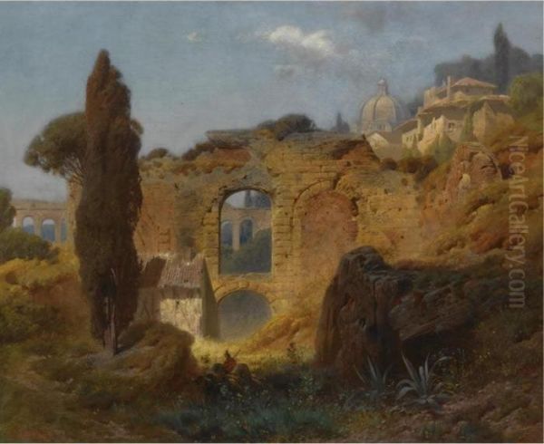 View Of The Ruins At Taormina, Sicily Oil Painting by Ferdinand Knab