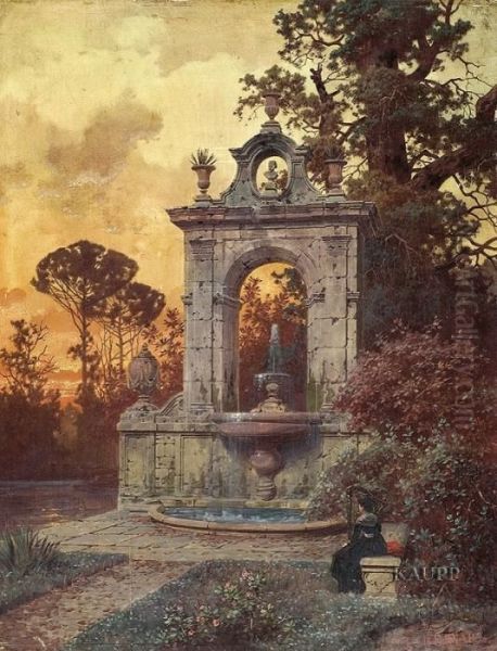 Parklandschaft In Abendstimmung Mit Brunnen. Oil Painting by Ferdinand Knab