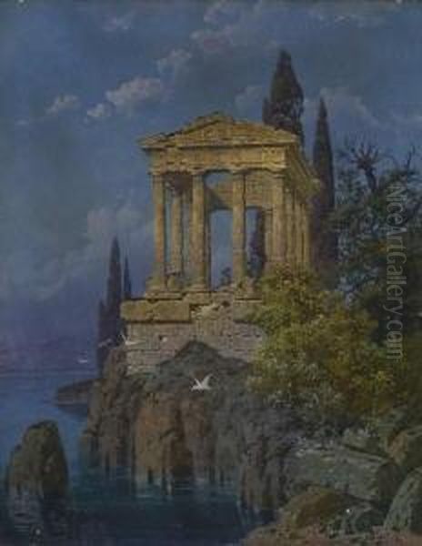 Tempelruine An
 Felsenkuste. Oil Painting by Ferdinand Knab