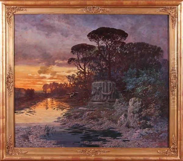 Pejzaz Romantyczny Z Zurawiem, 1895 R. Oil Painting by Ferdinand Knab