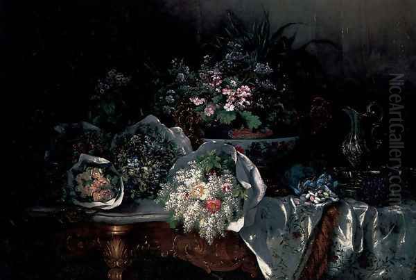 Bouquets of Flowers, an Imari Bowl, a silver Ewer with Stand and sugared Almonds on a draped marble Table Oil Painting by Eugene Claude