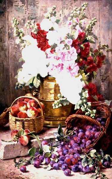 Still life with flowers in a brass urn and fruit in baskets, 1898 Oil Painting by Eugene Claude