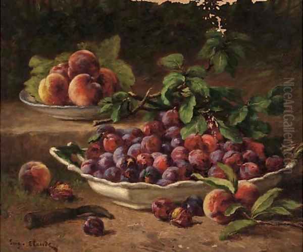 Bowls of plums and peaches in the garden Oil Painting by Eugene Claude