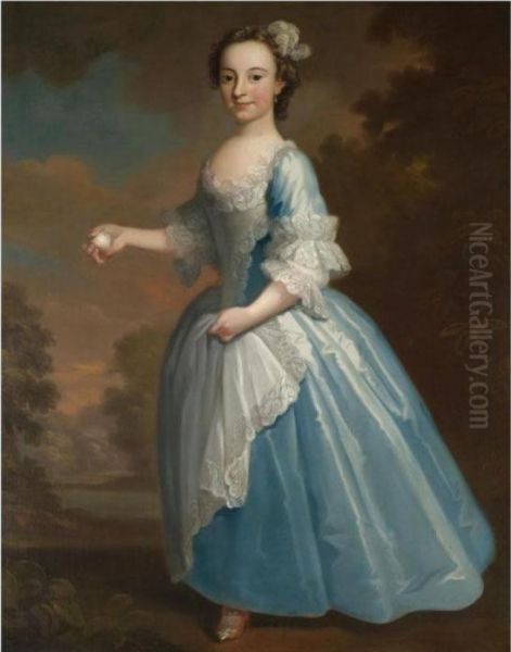 Portrait Of Elizabeth Hatch, 
Full Length, Wearing A Blue Dress And Holding A Peach In Her Right Hand Oil Painting by George Knapton