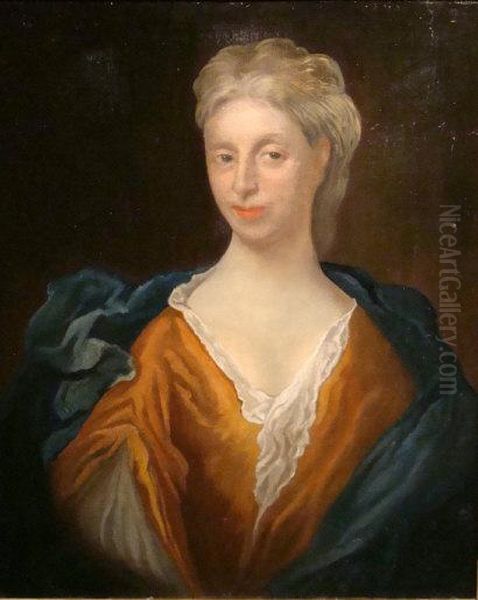 Portrait Of A Lady, Bust Length, Wearing A Bronze Coloured Dress And A Blue Mantle Oil Painting by George Knapton