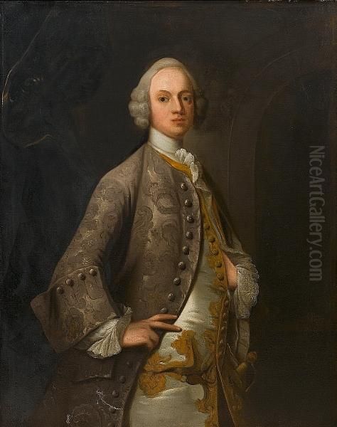 Portrait Of Gentleman, 
Three-quarter-length, In A Silver, Brocade Coat With A White And Gold 
Waistcoat Oil Painting by George Knapton