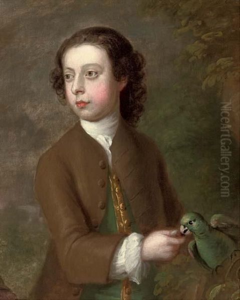 Portrait Of A Boy, Half-length, 
In A Brown Coat And Green Waistcoat With Gold Trim, Feeding A Parrot, In
 A Landscape Oil Painting by George Knapton