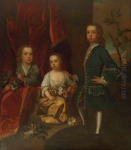 A Portrait Of Three Elegant Children Oil Painting by George Knapton