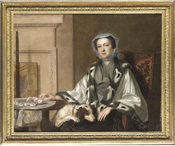 Portrait Of Mrs Neate, Of 
Donnington, Hampshire, Half-length, In Anembroidered Silver Shawl 
Trimmed With Fur, Seated By A Table With Aspaniel Her Lap, In An 
Interior, Beside A Polescreen Oil Painting by George Knapton