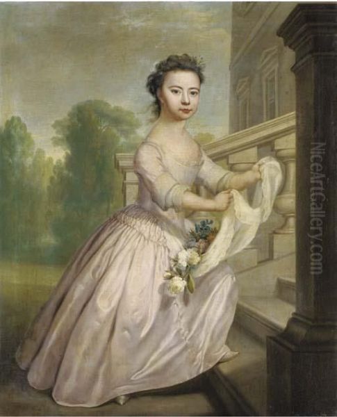 Portrait Of Ann Wo[o]lfe, 
Full-length, In A Pink Dress, Her Apronfilled With Flowers, On The Steps
 Of A Palladian Country House, Anavenue Of Trees Beyond Oil Painting by George Knapton