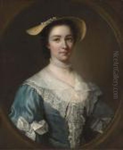 Portrait Of Lady, Half-length, In A Blue Dress Wearing Pearls And A Straw Hat Oil Painting by George Knapton