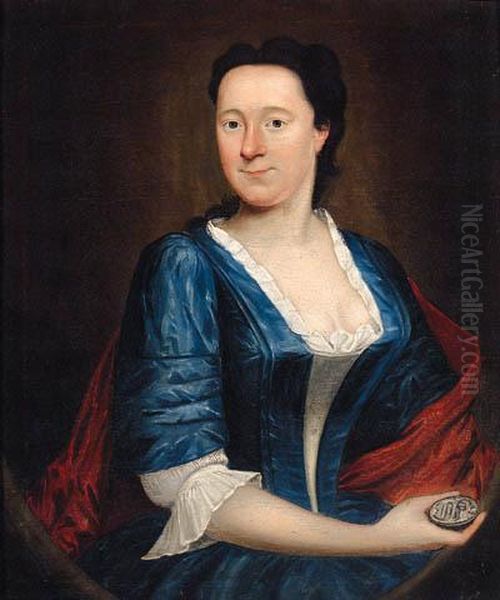 Portrait Of A Lady, 
Three-quarter-length, In A Blue Dress And Redwrap, Holding A Cameo, 
Feigned Oval Oil Painting by George Knapton