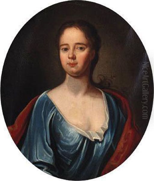 Portrait Of A Gentleman, 
Half-length, In A Brown Jacket And White Stock; And Portrait Of A Lady, 
Half-length, In A Blue Dress And Red Wrap Oil Painting by George Knapton