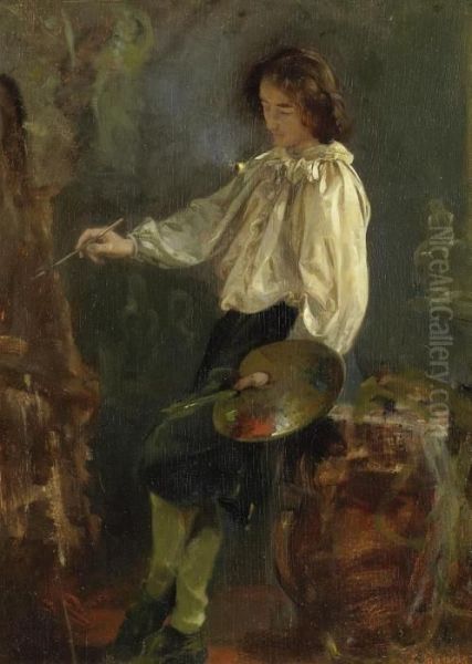 In The Studio (a Painter At Theeasel) Oil Painting by Ludwig Knaus