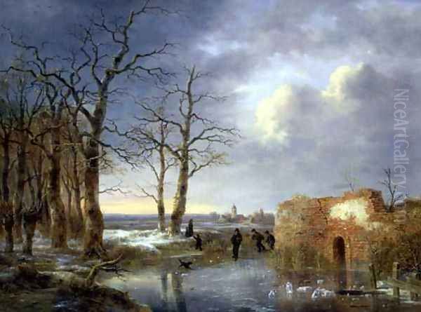 Skaters on a Frozen River Oil Painting by Jean Baptiste Coene