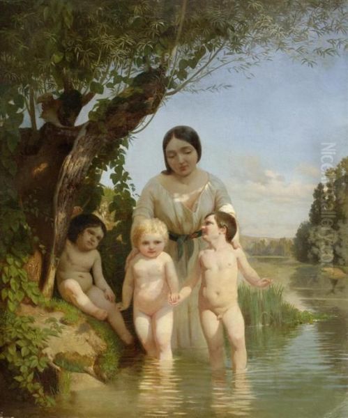 Mother With Three Children At A River Oil Painting by Ludwig Knaus